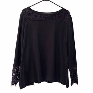 Ming Wang Black Long Sleeve Boatneck Sheer Lace Neckline and Cuff Size L